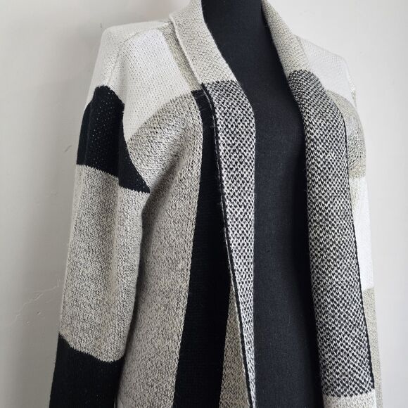 Keren Hart Cardigan Medium Colorblock Beige Black Neutral Sweater Long Open - Picture 2 of 9